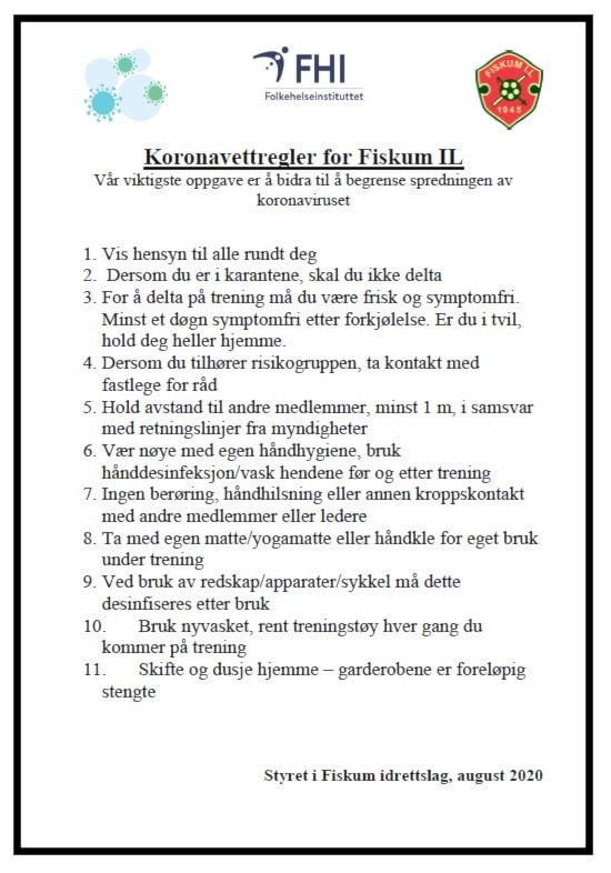 Koronavettregler for Fiskum Idrettslag